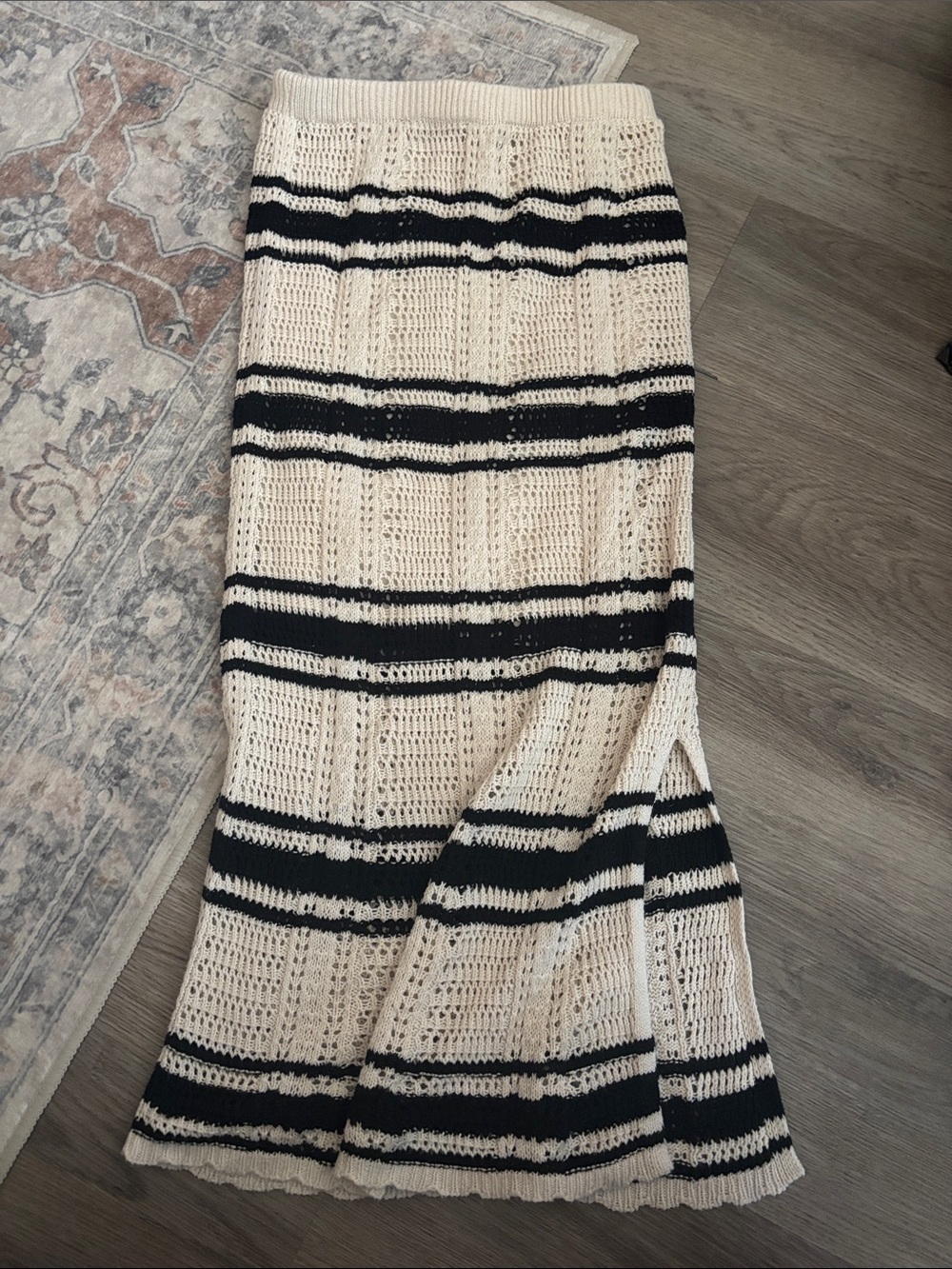 Crochet Maxi Skirt in Cream and Black Stripes